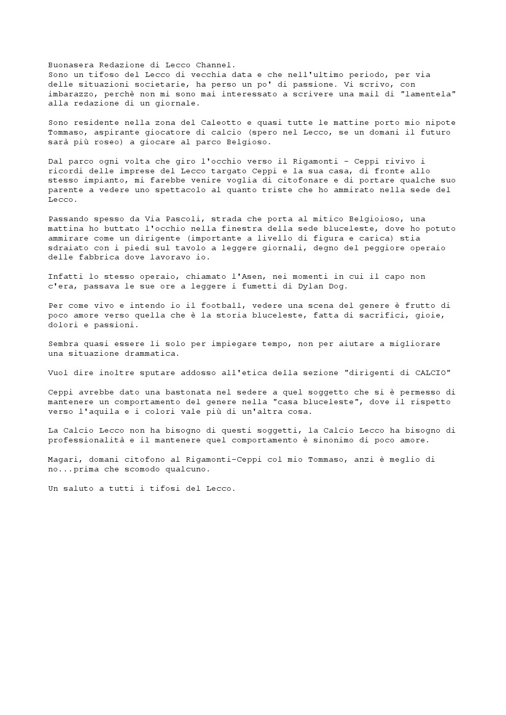 Lettera di un tifoso bluceleste ILettera di un tifoso bluceleste